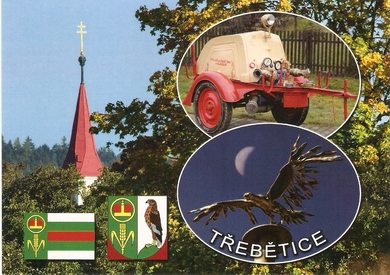 Pohlednice z roku 2013 - věž kostela sv. Václava, hasičská stříkačka z r. 1936 od firmy Stratílek a socha motáka