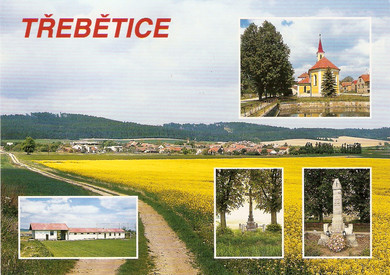 Celkový pohled na obec od Smrčka, kostel sv. Václava a rybník, sportovní areál, pamětní kříž a pomník